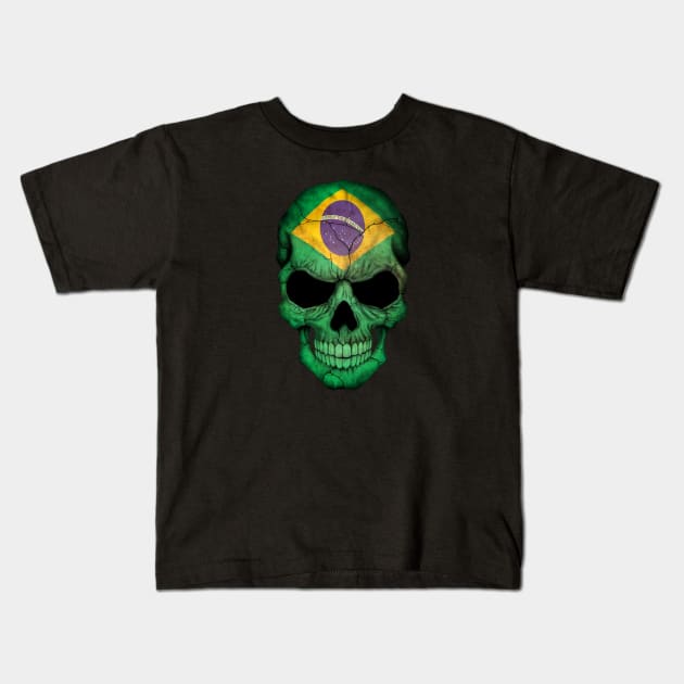 Brazilian Flag Skull Kids T-Shirt by jeffbartels
